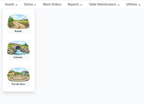 GROOM navigation — Assets menu showing Roads, Culverts, and Cul de Sacs management for rural road districts